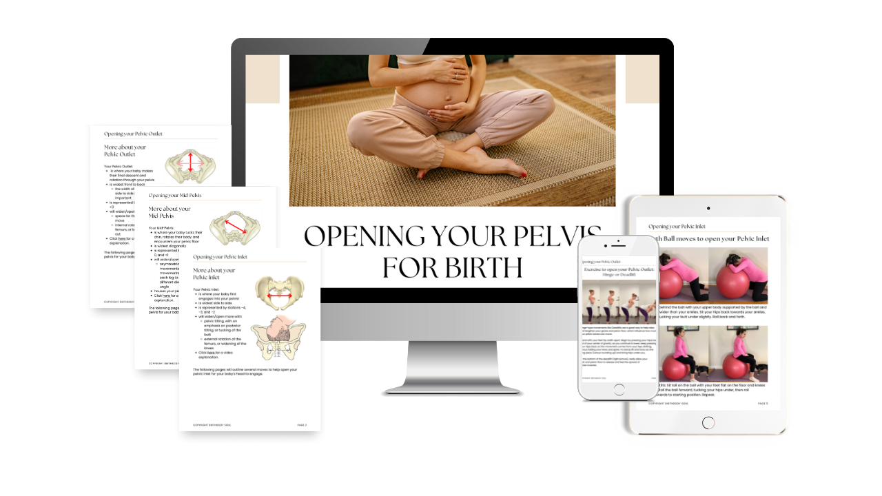 downloadable e-book for pregnant moms to help them prepare their hips and pelvis for birth by moving their hips in various ways