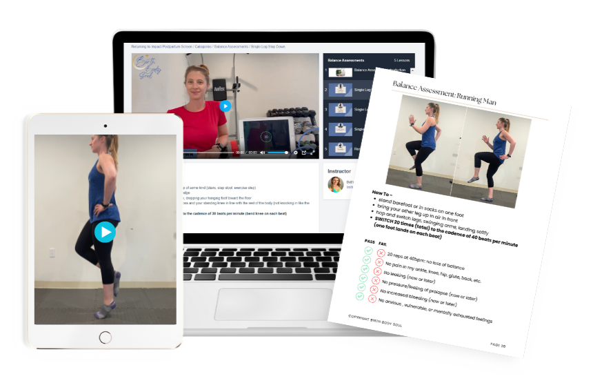testing a mom's balance after having a baby to make sure she is stable and balanced enough to run, do crossfit, and other high impact workouts after having a baby